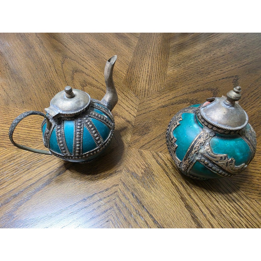 Vintage Moroccan Teal Ceramic Metal Filigree Teapot and Lidded Jar Set 2 Piece - Picture 2 of 9